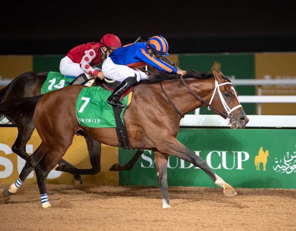 Maximum Security (7), under Luis Saez, beats Midnight Bisou (inside) to win the Saudi Cup at King Abdulaziz Racetrack on Feb. 29, 2020.
